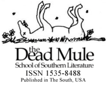 Flies buzz around a dead mule that lays on its back about the words The Dead Mule School of Southern Literature